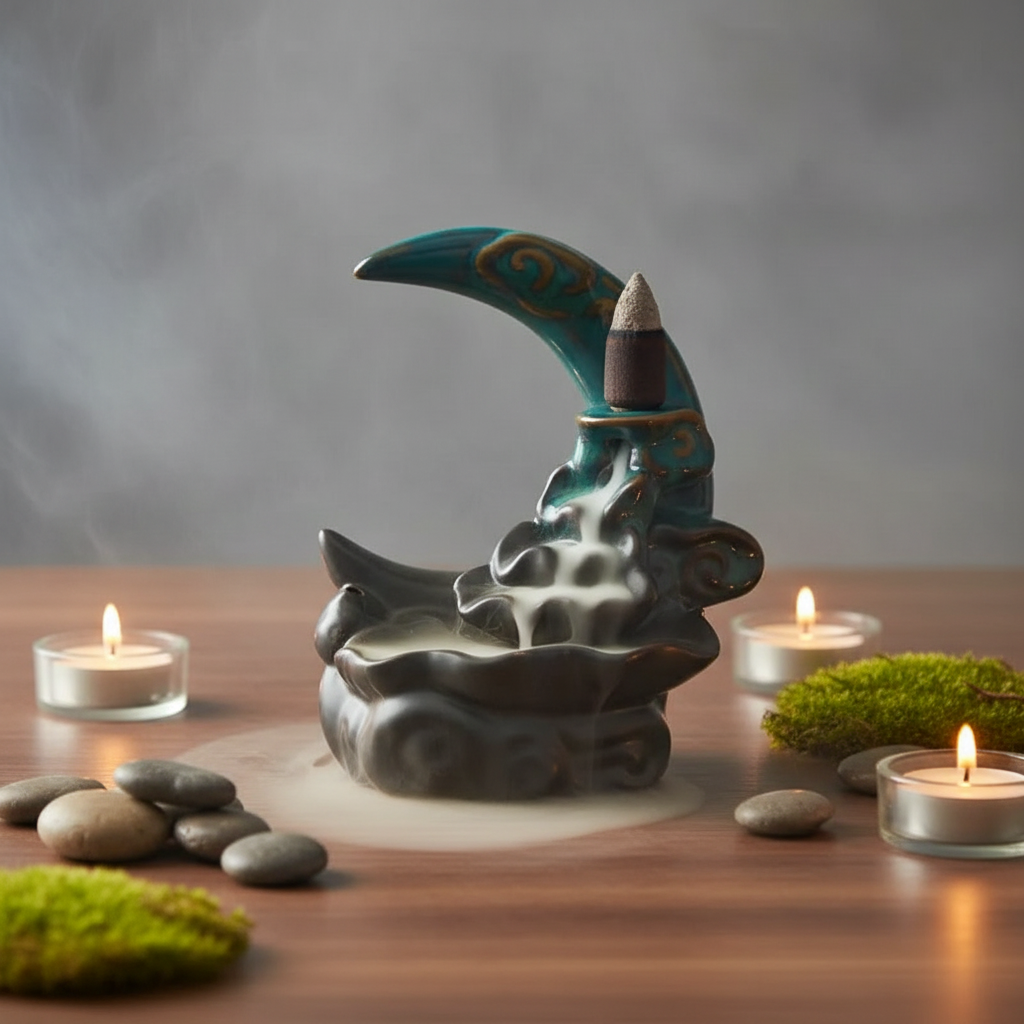 Brûleur encens refoulement lune sur fond zen