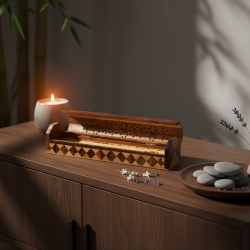 Coffret porte-encens marqueterie sur meuble zen