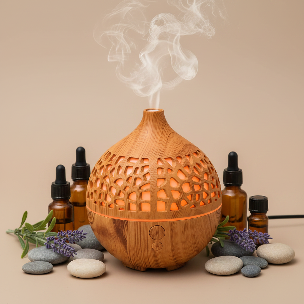 Diffuseur rond en bois ambiance zen spa et huiles essentielles