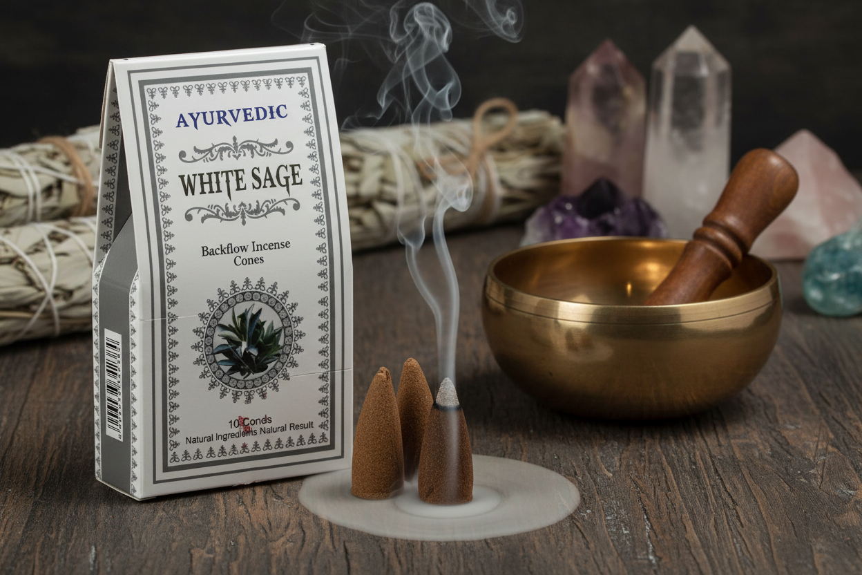 Cônes d'encens ayurvédique sauge blanche sur meuble en bois avec bol tibétain