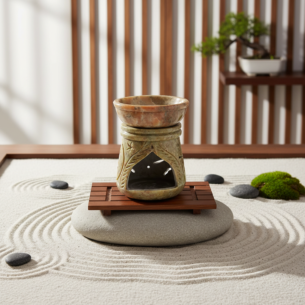 Brûleur d'huile essentielle en pierre savon posé sur meuble zen