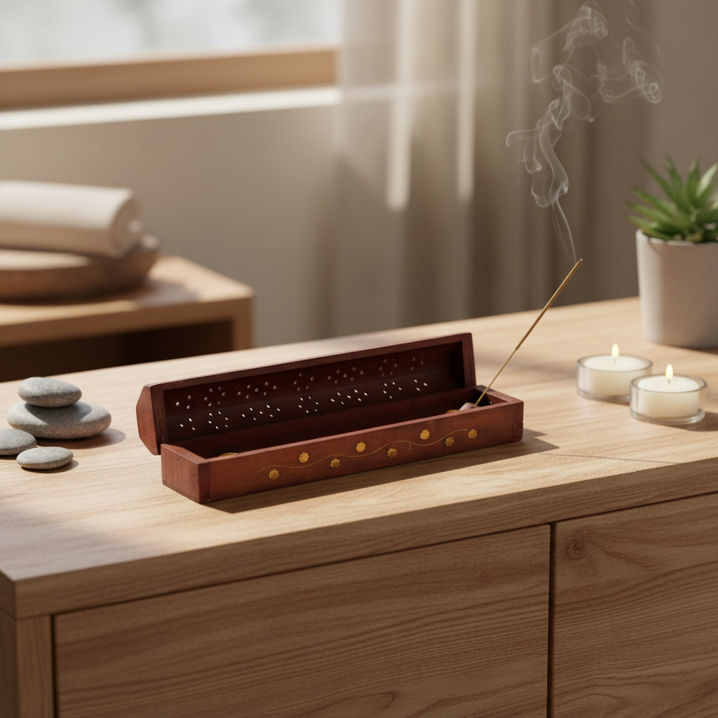 Coffret porte-encens en bois sculpté et laiton posé sur meuble zen
