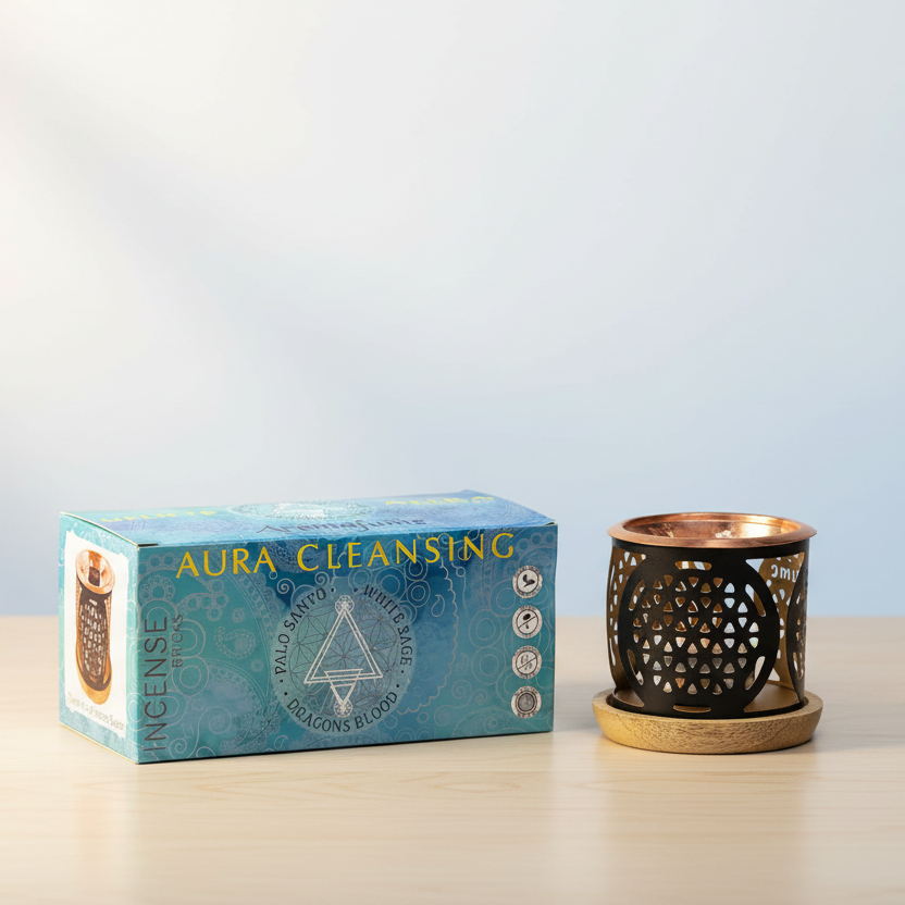 Coffret Aromafume Aura Cleansing posé sur un meuble en bois
