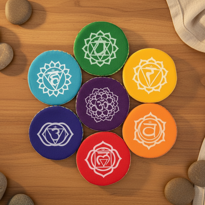 Set 7 coussins chakra pour bol tibétain sur table zen