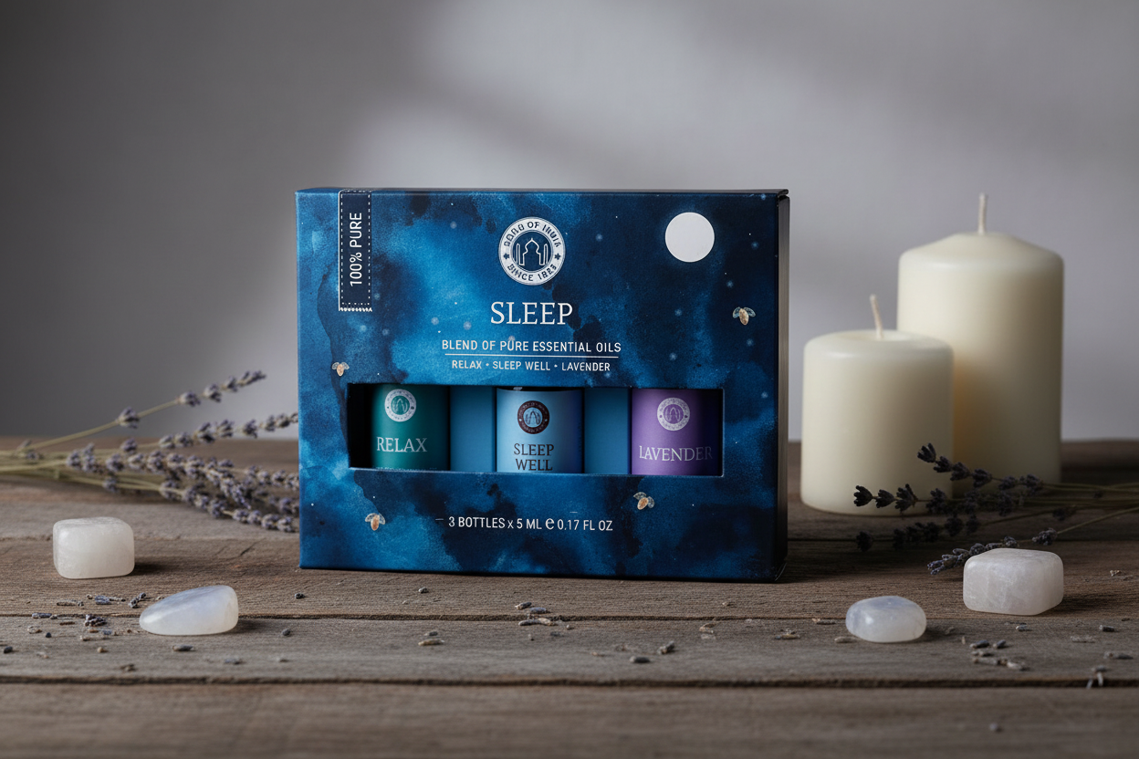 Coffret Sleep huiles essentielles posé sur fond bois ambiance nocturne apaisante