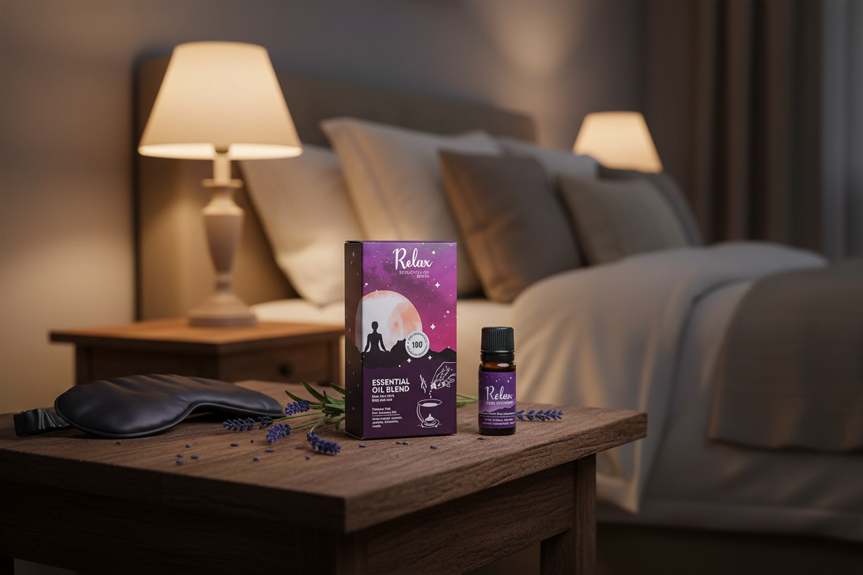 Coffret Relax Essential Oil Blend sur table de nuit ambiance nocturne apaisante