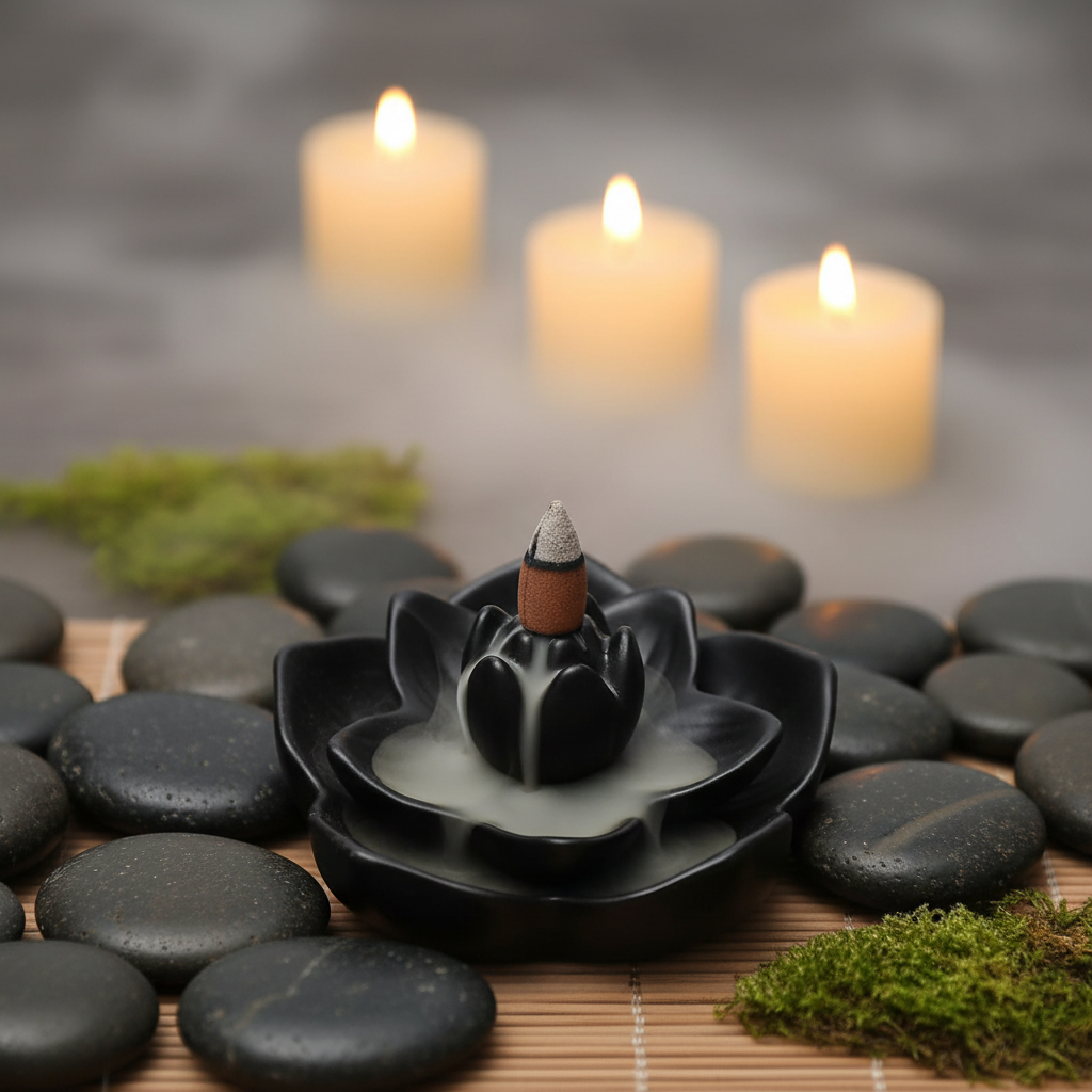 Brûleur d'encens à refoulement fleur lotus noire - ambiance zen