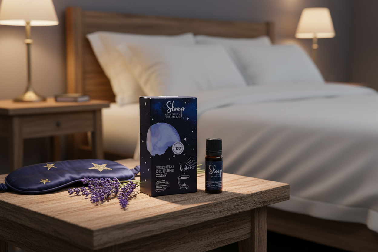 Coffret Sleep Essential Oil Blend sur table de nuit ambiance nocturne apaisante