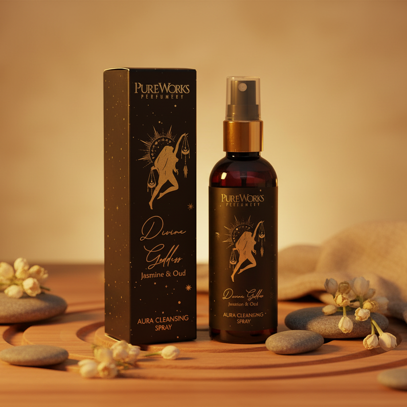 Spray Divine Goddess Jasmine & Oud sur table zen