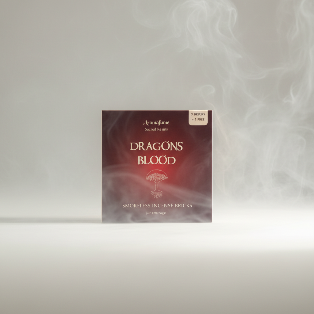 Un paquet de briques d'encens Dragons Blood sur un fond de fumée légère
