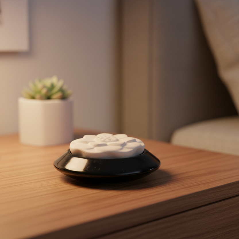 Diffuseur pierre aromatique lotus blanc sur socle noir, mis en scène sur table de nuit
