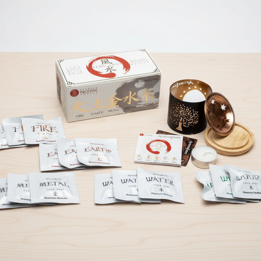 Coffret Aromafume Feng Shui posé sur un meuble en bois