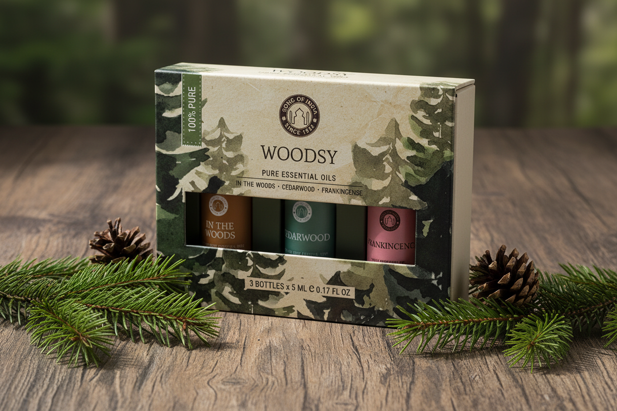 Coffret Woodsy huiles essentielles posé sur fond bois rustique avec branches de pin