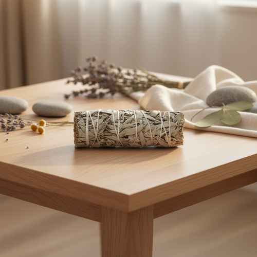 Bâton de sauge blanche sur table zen