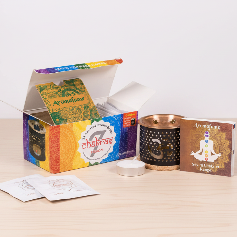 Coffret Aromafume 7 Chakras posé seul sur un meuble en bois