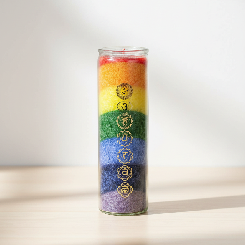Bougie 7 chakras posée sur un meuble en bois, lumière naturelle douce