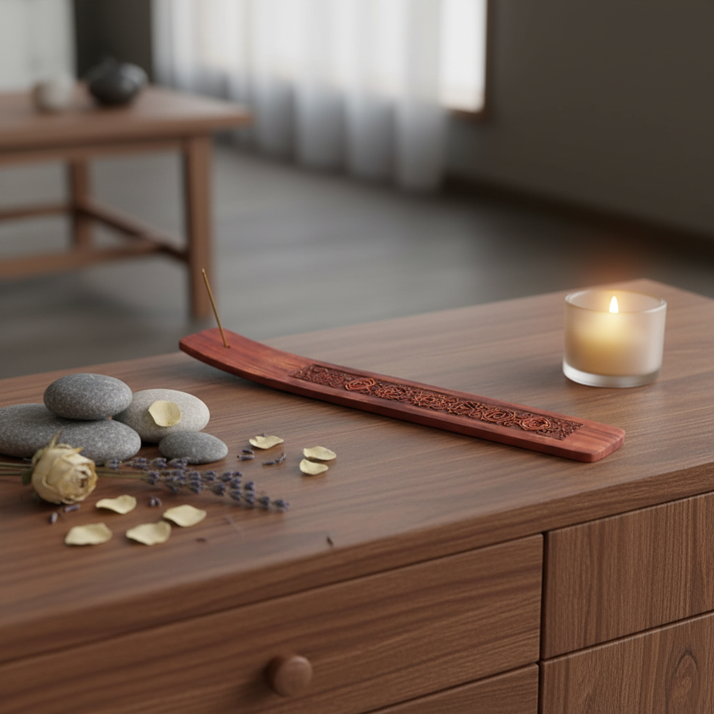 Porte-encens bois chakras unique sur meuble zen
